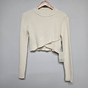 Joie Cropped Ribbed Sweater Womens Medium Cream Crossover Hem Minimalist